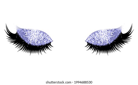 Women's fluffy eyelashes. Long lashes with sparkle glitter eyeshadow a white background. Vector illustration.