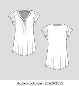 Womens Flutter Sleeves Tunic  Tops Deep V Neck Gathering  Flat Sketch Technical Drawing Vector Design
