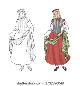 Women's folk costume, Baltic countries, Estonia, Latvia, Lithuania. Vector drawing. Black and white version and color option.