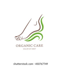 Womens Foot In Green Leaves. Abstract Design Concept For Beauty Salon, Pedicure, Cosmetic, Organic Care And Spa. Vector Logo Design Template. 