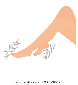 Women's foot logo for spa. Vector stock illustration of pedicure. Foot mask. Beauty procedure. Leaves, flowers. Isolated on a white background.