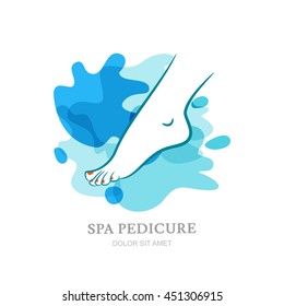 Womens Foot On Water Splash Background. Vector Logo, Label, Emblem Design Elements. Abstract Design Concept For Beauty Salon, Spa Pedicure, Cosmetic, Organic Care. Isolated Illustration. 