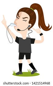 Women's football, disgruntled female cartoon referee blowing whistle pointing to headset