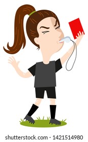 Women's football, female cartoon referee blowing whistle and holding red card
