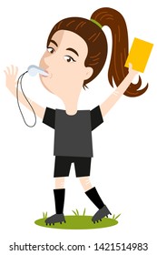 Women's football, female cartoon football referee dressed all black blowing whistle and holding yellow card isolated on white background