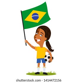 Women's football, female player for Brazil, cartoon woman holding Brazilian flag wearing yellow shirt and blue shorts isolated on white background