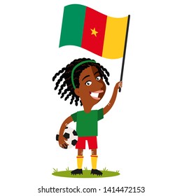 Women's football, female player for Cameroon, cartoon woman holding Cameroonian flag wearing green shirt and red shorts isolated on white background