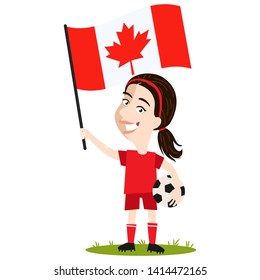 Women's football, female player for Canada, cartoon woman holding Canadian flag wearing red shirt and shorts isolated on white background