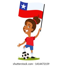 Women's football, female player for Chile, cartoon woman holding Chilean flag wearing red shirt and blue shorts isolated on white background