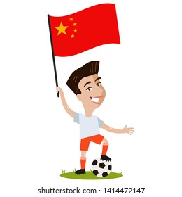 Women's football, female player for China, cartoon woman holding Chinese flag wearing white shirt and red shorts isolated on white background