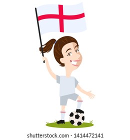Women's football, female player for England, cartoon woman holding English flag wearing white shirt and shorts isolated on white background