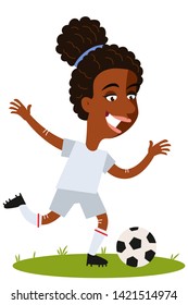 Women's football, female football player for England kicking ball, cartoon woman wearing white shirt and shorts isolated on white background