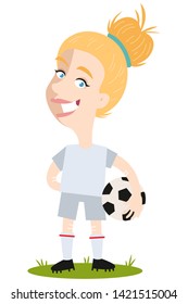 Women's football, female football player for England standing on pitch holding ball, cartoon woman wearing white shirt and shorts