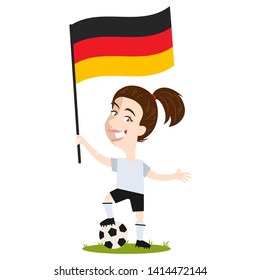 Women's football, female player for Germany, cartoon woman holding German flag wearing white shirt and black shorts isolated on white background