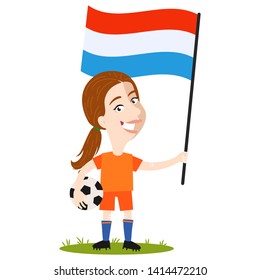 Women's football, female player for the Netherlands, cartoon woman holding Dutch flag wearing orange shirt and shorts isolated on white background