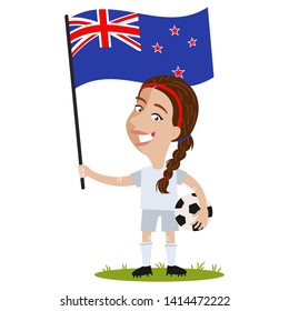 Women's football, female player for New Zealand, cartoon woman holding New Zealand flag wearing white shirt and shorts isolated on white background