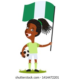 Women's football, female player for Nigeria, cartoon woman holding Nigerian flag wearing green shirt and white shorts isolated on white background