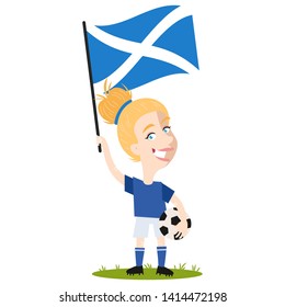 Women's football, female player for Scotland, cartoon woman holding Scottish flag wearing blue shirt and white shorts isolated on white background