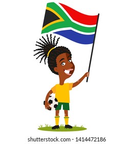 Women's Football, Female Player For South Africa, Cartoon Woman Holding South African Flag Wearing Yellow Shirt And Green Shorts Isolated On White Background