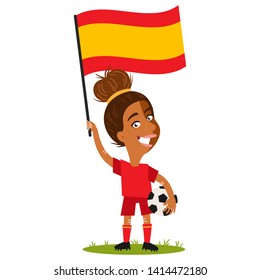 Women's football, female player for Spain, cartoon woman holding Spanish flag wearing red shirt and shorts isolated on white background