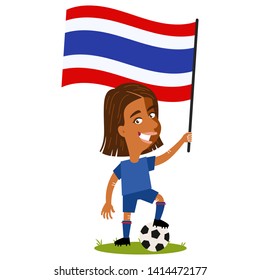 Women's football, female player for Thailand, cartoon woman holding Thai flag wearing blue shirt and shorts isolated on white background