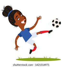 Women's football, French female football player, kicking ball midair, cartoon woman wearing blue shirt and white shorts isolated on white background