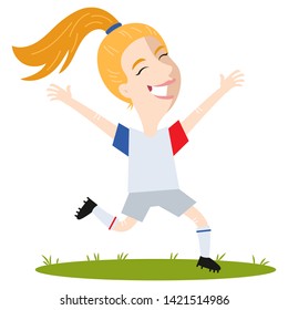 Women's football, happy winning female US American cartoon soccer player wearing white shirt and shorts running and cheering