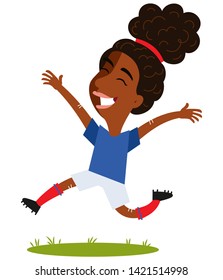 Women's football, happy winning female French cartoon football player wearing blue shirt and white shorts running and cheering