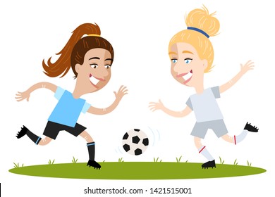 Women's football, one-on-one battle of competitive female cartoon football players running and chasing after ball
