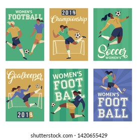 Women's Football soccer players, set of posters 