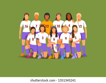  Women's football team  isolated on green background. Vector illustration