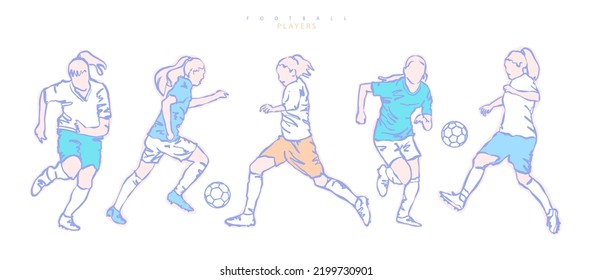 Women's football, vector collection of soccer girls. Hand drawn, sketches for sports design, ball.