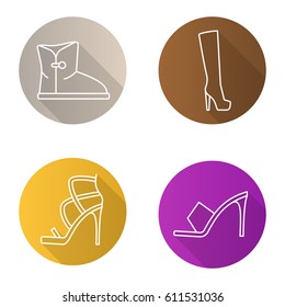 Women's footwear flat linear long shadow icons set. High heel shoes, warm winter and high autumn boots. Vector line illustration