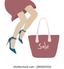 Women's footwear stylish shoes sale banner vector. Shopping concept seasonal discounts. Beautiful female legs with high heel shoes and tote bag. Fashion illustration flat style. Isolated objects 