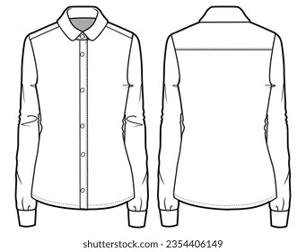 Esbozo plano de la camiseta formal de las mujeres Dibujo de la moda vista frontal y trasera, Cad de camisa formal de manga larga para chicas y damas maquillaje maquillaje