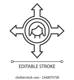 Women's freedom of movement linear icon. Female right. Gender equality. Freedom of making choices. Thin line illustration. Contour symbol. Vector isolated outline drawing. Editable stroke