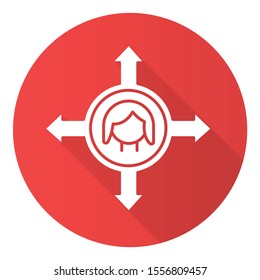Women's freedom of movement red flat design long shadow glyph icon. Gender equality. Woman empowerment, feminism. Freedom of making choices. Right to choose. Vector silhouette illustration