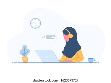 Womens freelance. Arabian girl in headphones with laptop sitting at a table. Concept illustration for working, studying, education, work from home, healthy lifestyle. Vector illustration in flat style