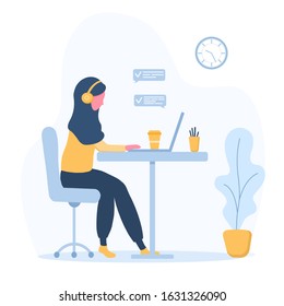 Womens freelance. Arabian girl in headphones with laptop sitting at a table. Concept illustration for working, studying, education, work from home, healthy lifestyle. Vector illustration in flat style