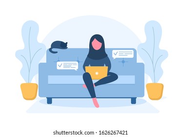 Womens freelance. Arabian girl in hijab with laptop sitting on the sofa. Concept illustration for working, studying, education, work from home, healthy lifestyle. Vector illustration in flat style.