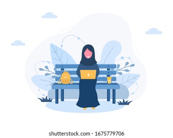 Womens freelance. Arabian girl in hijab with laptop sitting on bench in park. Concept illustration for working outdoors, studying, communication, healthy lifestyle. Vector illustration in flat style.