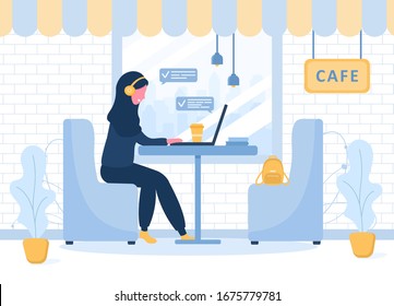 Womens freelance. Arabian girl in hijab with laptop in headphones sitting at a table in Cafe. Concept illustration for working outdoors, studying, communication, healthy lifestyle. Flat style.