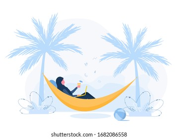 Womens freelance. Arabian girl in hijab with laptop lies in hammock under palm trees with cocktail. Concept illustration for working outdoors, studying, communication, healthy lifestyle. Flat style.