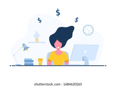 Womens freelance. Girl in headphones with laptop sitting at a table. Concept illustration for working from home, studying, education, communication, healthy lifestyle. Vector in flat style.