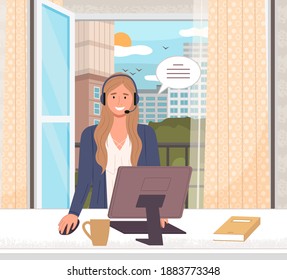 Womens freelance. Girl in headphones with laptop sitting at a table against the background of an open window. Concept illustration for working, studying, education, work from home, healthy lifestyle