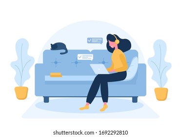 Womens freelance. Girl with laptop in headphones sitting on the sofa. Concept illustration for working, studying, education, work from home, healthy lifestyle. Vector illustration in flat style.