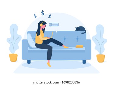 Womens freelance. Girl with laptop in headphones sitting on the sofa. Concept illustration for working, studying, education, work from home, healthy lifestyle. Vector illustration in flat style.