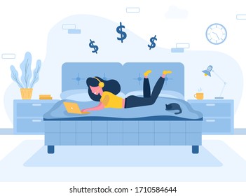 Womens freelance. Girl with laptop in headphones lying on the sofa. Concept illustration for working, studying, education, work from home, healthy lifestyle. Vector illustration in flat style.