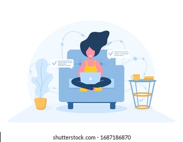 Womens freelance. Girl with laptop sitting on armchair. Concept illustration for working, studying, education, work from home, healthy lifestyle. Vector illustration in flat style.