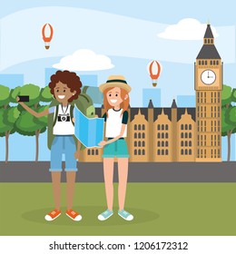 womens friends with smartphone in the big ben